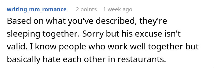 Comment from writing_mm_romance discussing a man’s relationship issues involving a work wife sending hearts and selfies. Comment from writing_mm_romance discussing a man’s relationship issues involving a work wife sending hearts and selfies.