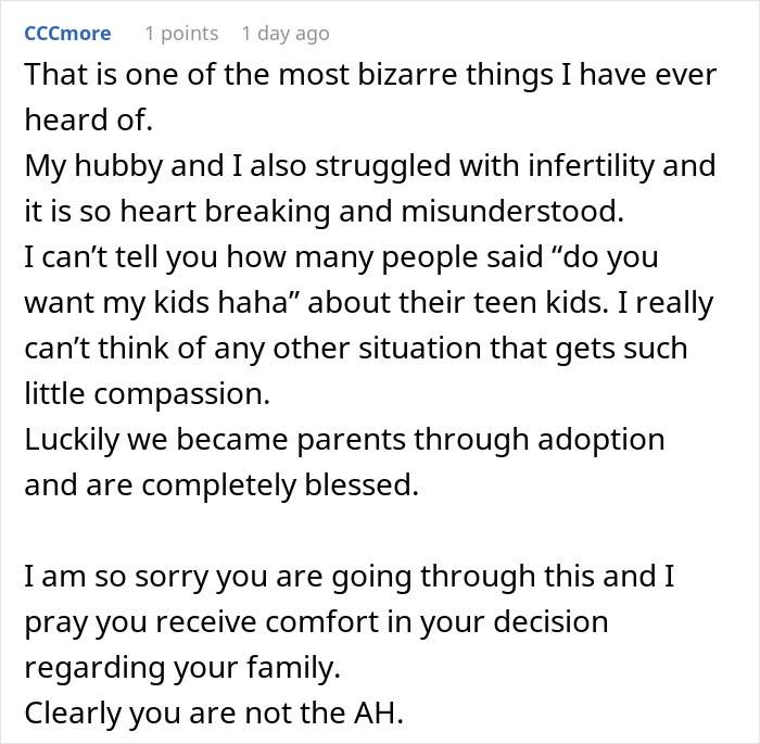 Comment discussing a woman's family causing drama over a bizarre fake adoption and struggles with infertility.