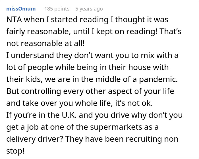 Screenshot of an online comment discussing unreasonable demands in a live-in nanny job situation.