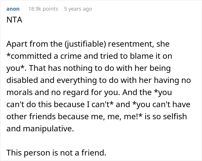 Text post discussing a disabled teen's selfish and manipulative behavior leading to her best friend abandoning her.
