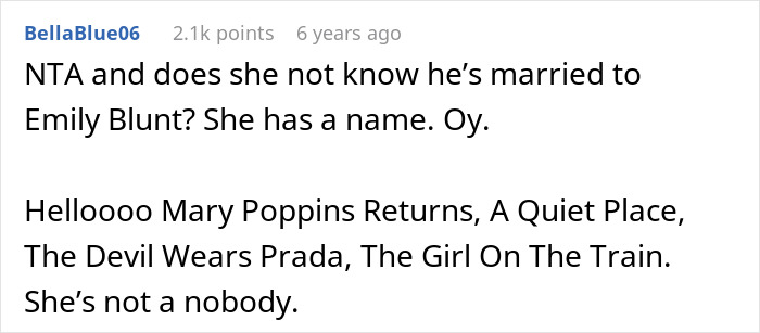 Comment about wife taking free pass with John Krasinski, mentioning her not knowing he&rsquo;s married to Emily Blunt.