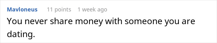 Screenshot of an online comment discussing a woman demanding combined income from her boyfriend and accusing him of being selfish with money. Screenshot of an online comment discussing a woman demanding combined income from her boyfriend and accusing him of being selfish with money.