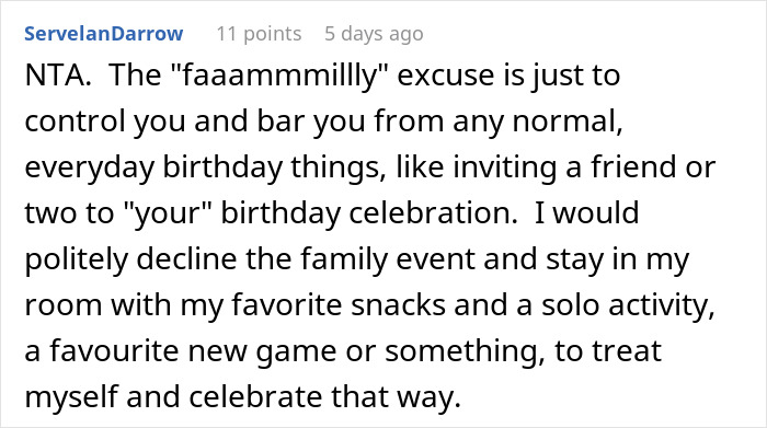 Screenshot of an online forum where a 17YO vents about sharing a birthday with grandma, sparking family drama discussion.