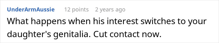 Screenshot of an online comment discussing creepy behavior of an 11-year-old around stepsister after childbirth.