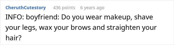 Text post showing boyfriend asking if girlfriend wears makeup, shaves legs, waxes brows, and straightens hair.
