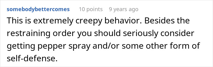 Comment on online post warning about creepy behavior and recommending pepper spray for self-defense in parents lied food allergies daughter no contact case.