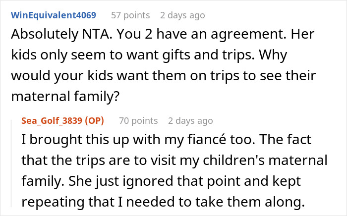Screenshot of a forum discussion where a guy refuses step-father role, mentioning kids wanting cool gifts and trips.