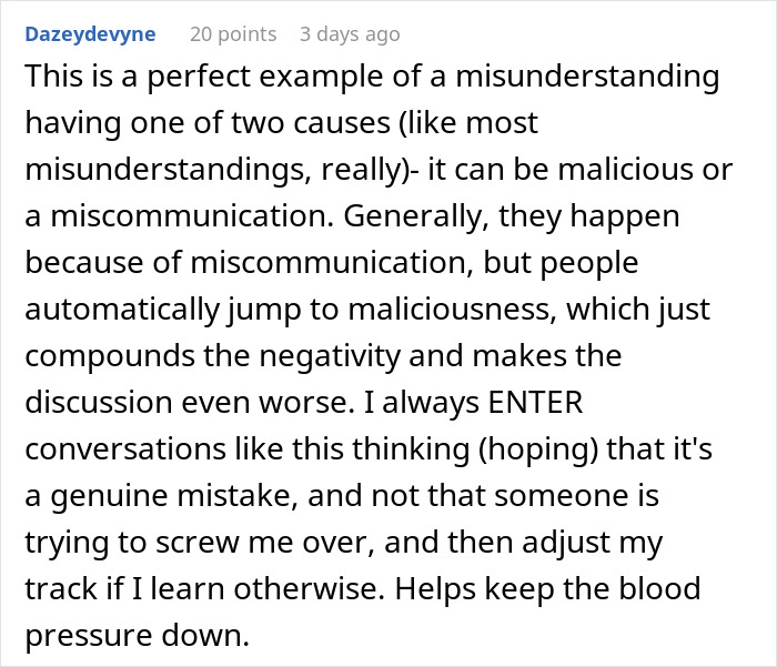 Text screenshot of a Reddit comment discussing misunderstandings, miscommunication, and assumptions about maliciousness among coworkers.