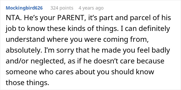 Reddit comment discussing teen&rsquo;s feelings of neglect after dad&rsquo;s forgetfulness in a cake fail situation.