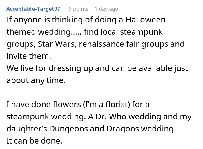 Commenter suggesting tips for hosting a Halloween wedding with themed groups like steampunk and Star Wars.