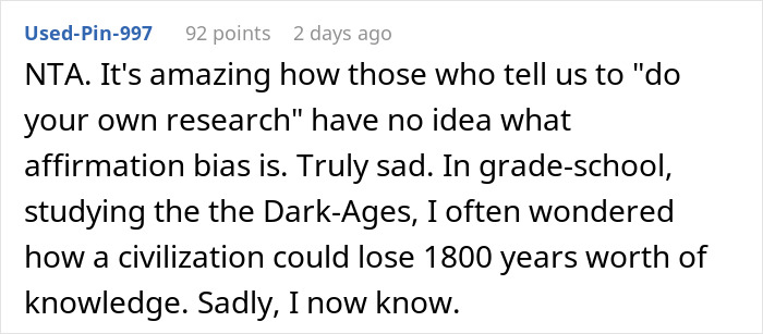 Screenshot of an online comment discussing vaccine disagreement and related social conflict over unvaccinated children.