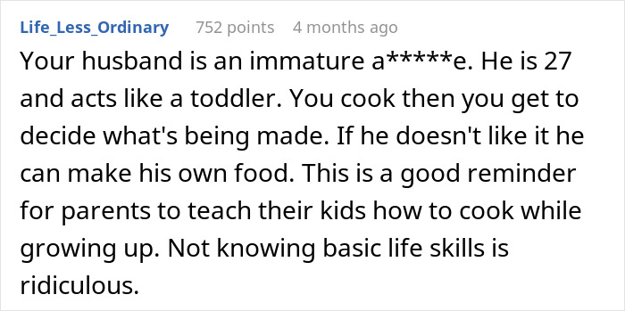 Comment discussing a husband yelling at wife for cooking the same thing after not allowing different ingredients.