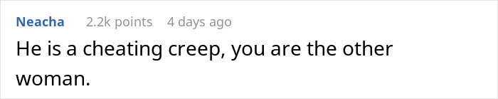 Comment text on a white background stating a relationship betrayal about a cheating man and the other woman.