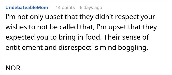 Screenshot of a Reddit comment discussing a woman stopping baking for colleagues due to being upset over a nickname.