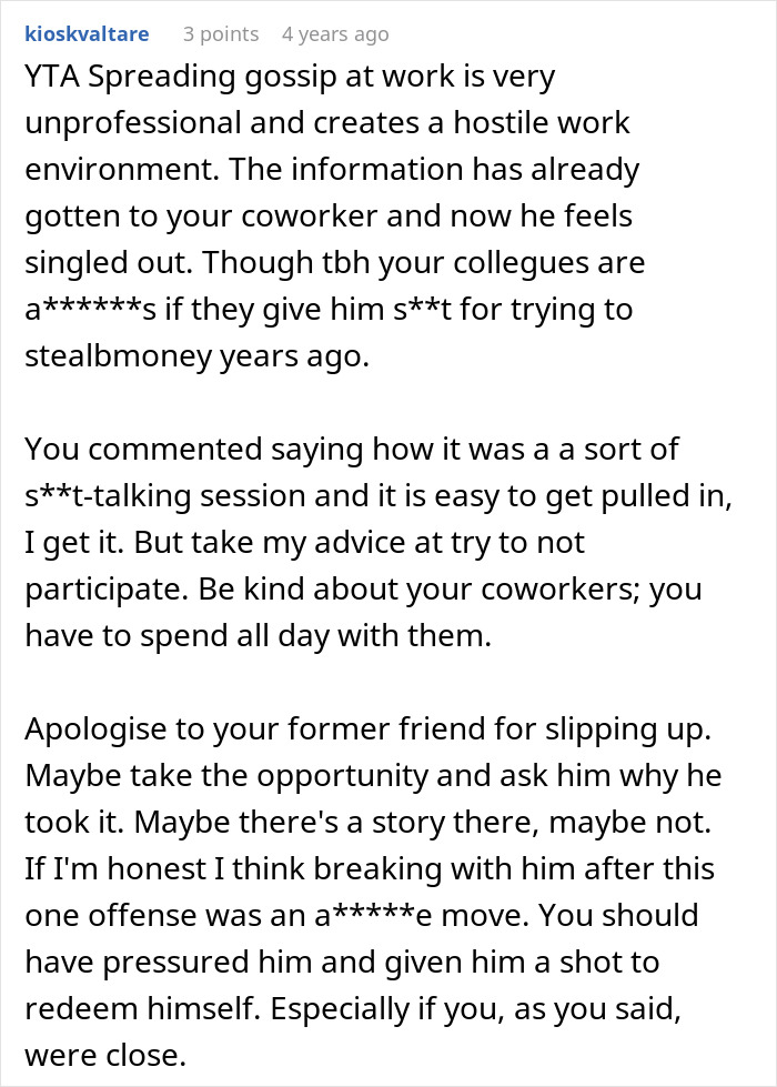 User comment discussing a man refusing to forgive an ex-friend who stole money, still calling him a thief years later.
