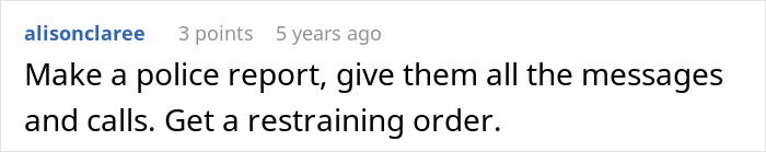 Screenshot of an online comment advising to make a police report and get a restraining order after a baby lie trap attempt.