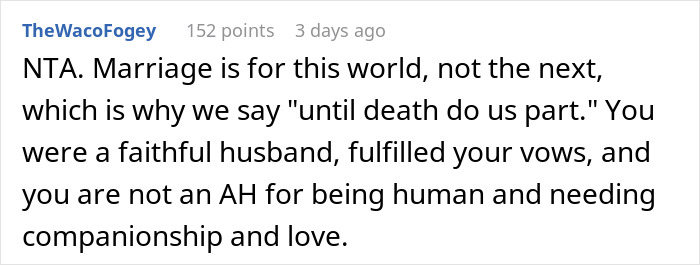 Screenshot of a Reddit comment discussing a husband's need for companionship after his dying wife told him not to date.