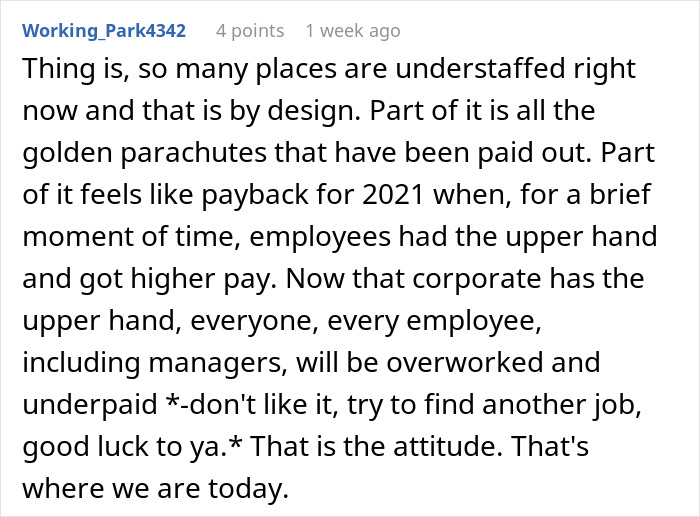 Comment on worker who goes above and beyond but is told she&rsquo;s not doing enough amid understaffing and corporate attitudes.