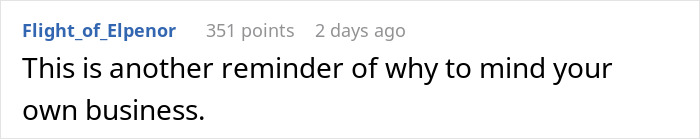 Text post from online forum with a user commenting on minding your own business about a nosy neighbor shaming a couple.