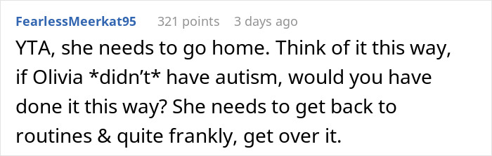 Reddit comment discussing woman&rsquo;s work trip turned vacation and her autistic child refusing to go home.