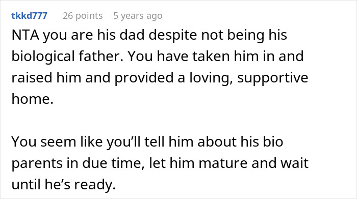 Reddit comment discussing a guy unsure about telling his son the harsh truth about his real parents.