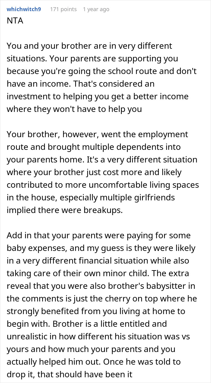 Screenshot of an online comment discussing a woman calling out her controlling brother over golden child treatment.