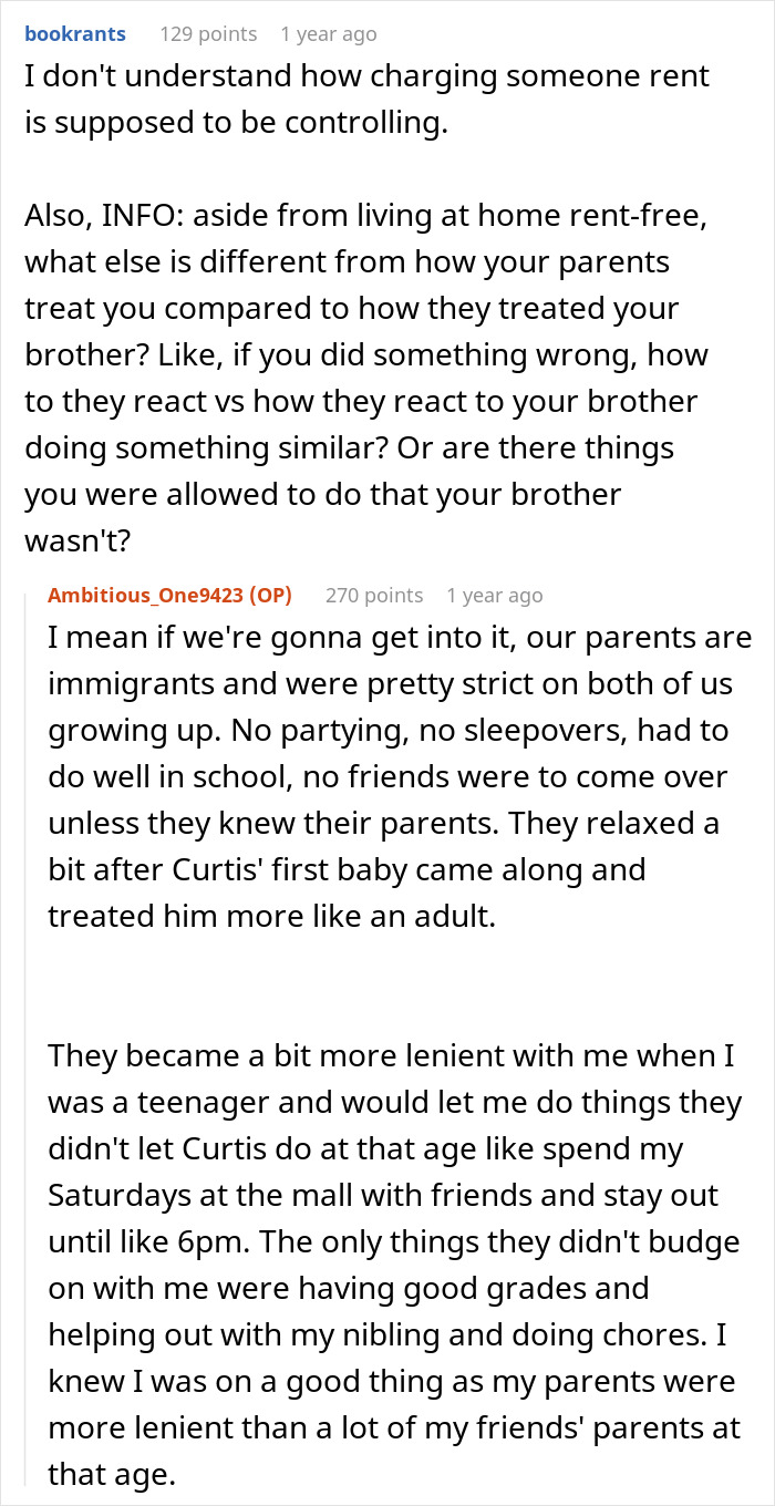 Reddit conversation discussing a woman calling out her brother for being controlling after he labels her the golden child.