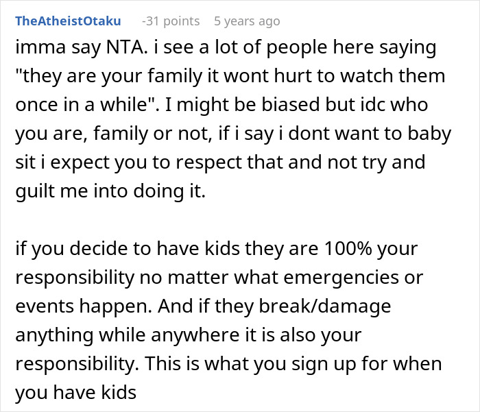 Reddit comment discussing responsibility for sister's kids during family emergency and refusing to babysit.
