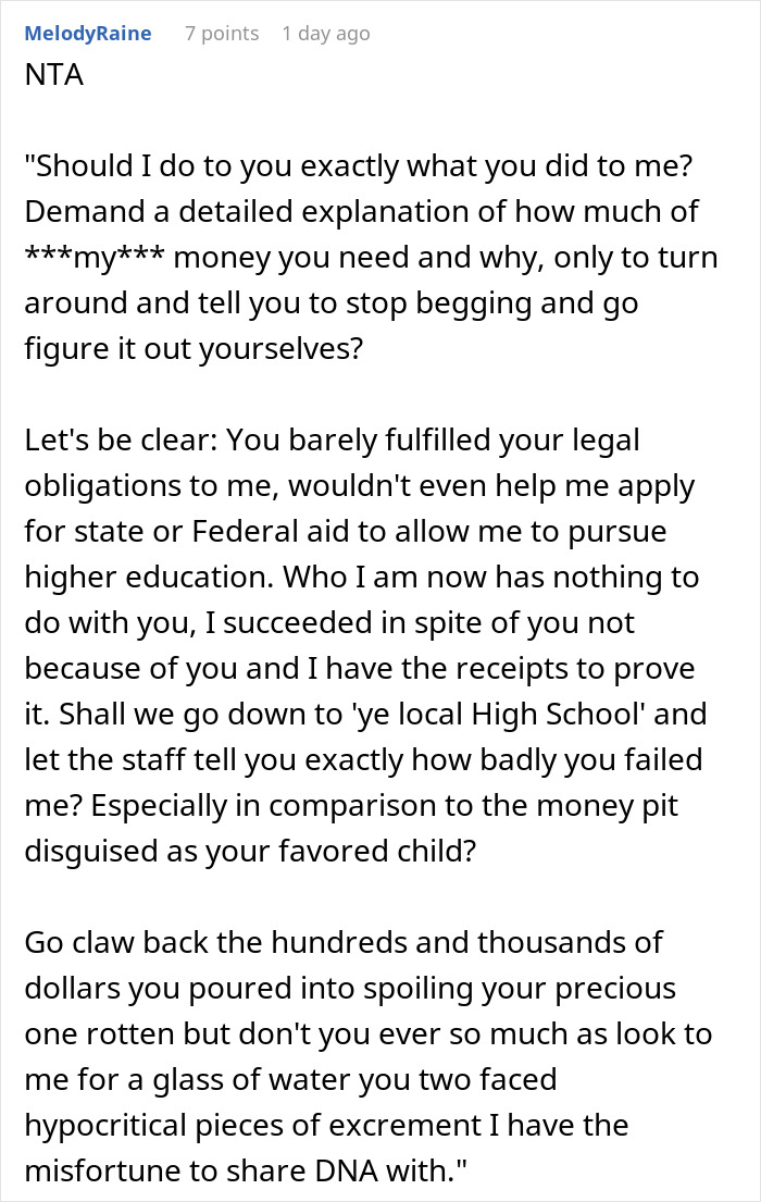 Text from a user expressing anger about parents spoiling daughter and neglecting son, causing family financial struggle.