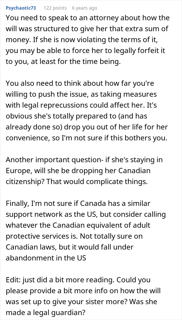 Text from a forum discussing legal advice regarding a sister abandoning their autistic brother and moving to Europe.