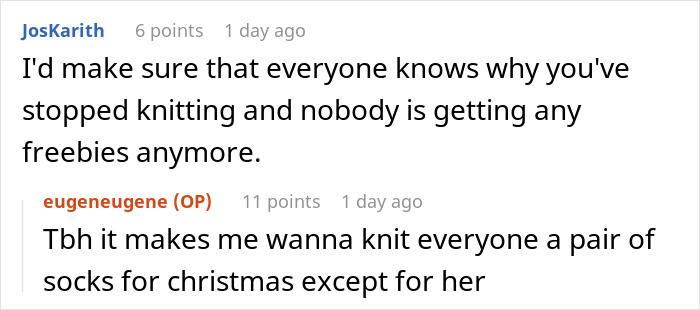 Screenshot of a Reddit conversation about an entitled employee upset over knitting a free blanket and banning the hobby.
