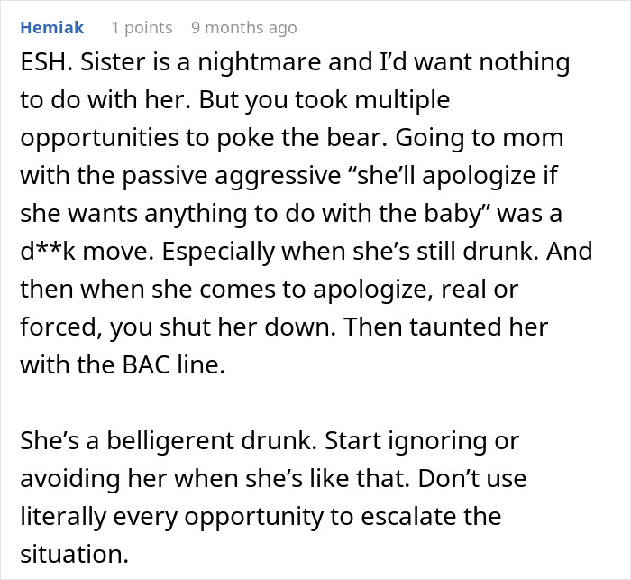 Comment discussing a pregnant woman going no-contact with her sister after a Thanksgiving family conflict.