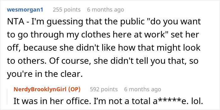 Screenshot of a Reddit conversation discussing a woman losing it after coworker offers old clothes she’s too skinny for. Screenshot of a Reddit conversation discussing a woman losing it after coworker offers old clothes she’s too skinny for.
