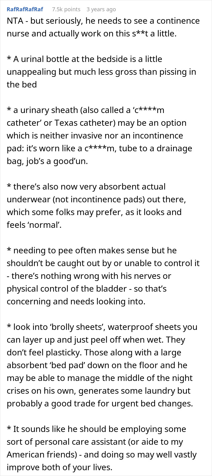 Comment discussing continence care options like catheters, incontinence underwear, and waterproof bed sheets for bladder control.