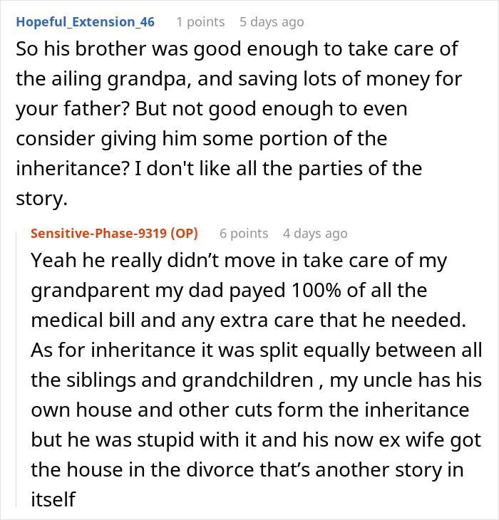 Forum conversation about entitlement involving brother, house inheritance, and family disputes over ride and care expenses.