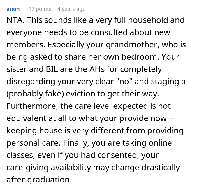 Comment discussing BIL trying to dump grandma on wife's siblings and sister called selfish for refusing care responsibility.