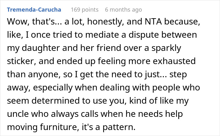 Comment text about meditating a dispute, illustrating drama involving stepdaughters disowning stepmother in a family conflict discussion.