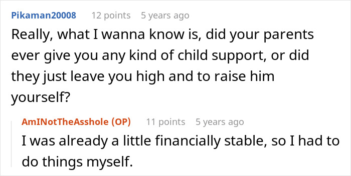 Screenshot of a Reddit conversation about a guy wondering whether to tell his son the harsh truth about his real parents.