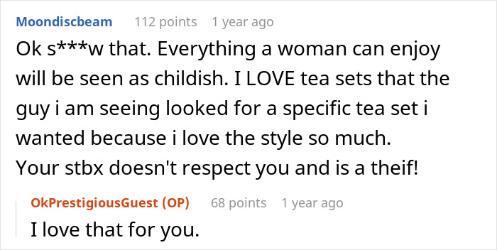Reddit user discusses marriage ruined over stealing wife&rsquo;s tea set and gifting it to niece, highlighting disrespect and theft.