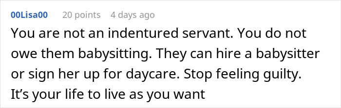 Comment on parenting guilt-tripping after daughter-in-law refuses to be cheap babysitter, emphasizing boundaries and self-care.