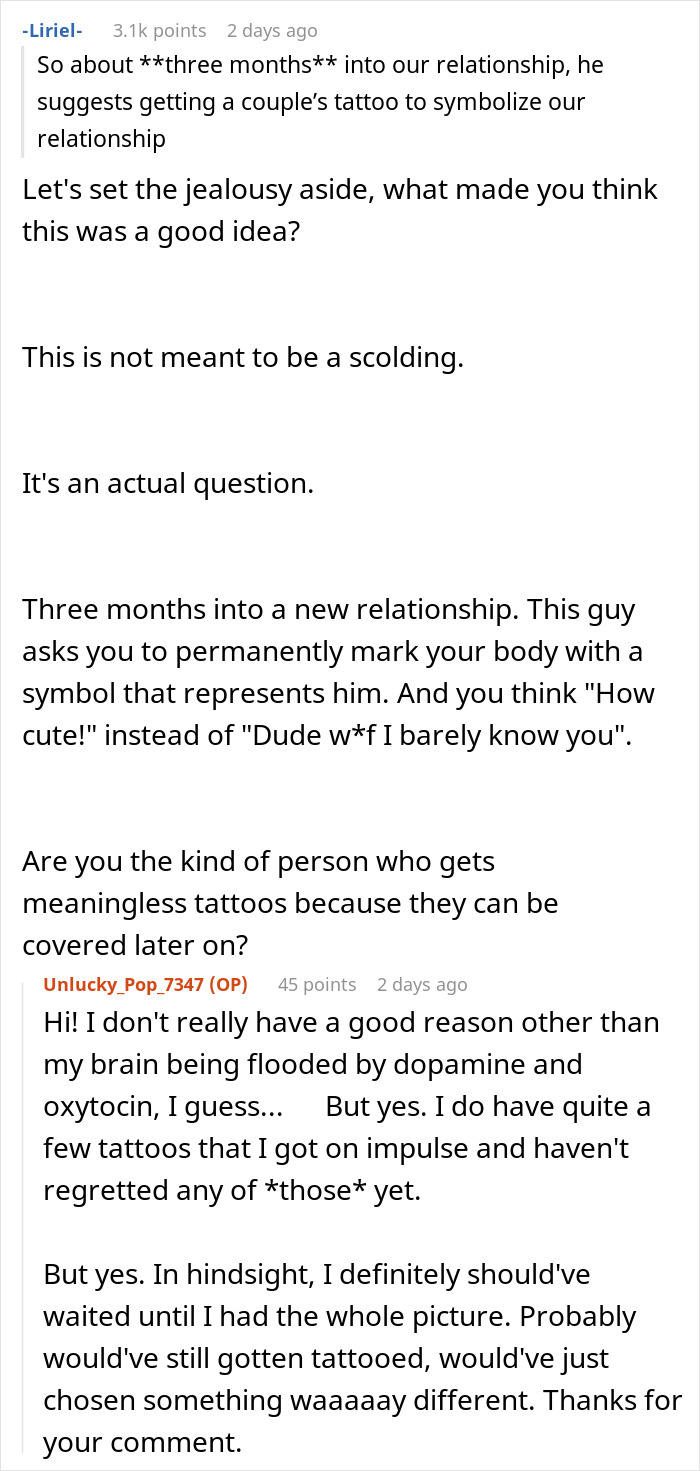 Woman couple discussing getting a tattoo from boyfriend ex, questioning the decision three months into relationship.