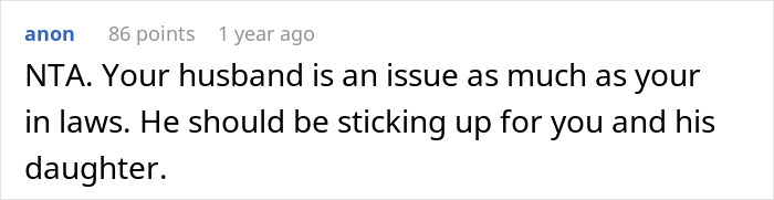 Screenshot of an online comment discussing a mom refusing to attend family dinners due to being ignored by in-laws. Screenshot of an online comment discussing a mom refusing to attend family dinners due to being ignored by in-laws.