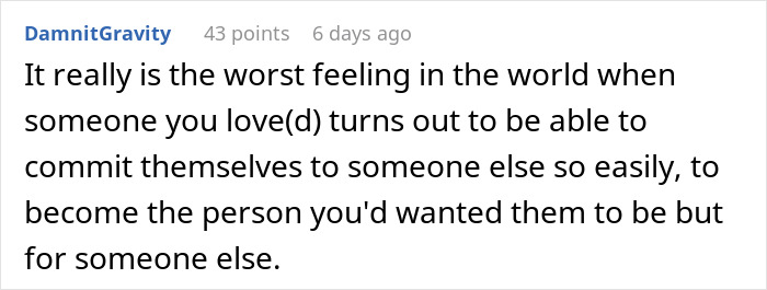 Comment expressing the pain of a relationship break every year when someone you love commits to another person easily.