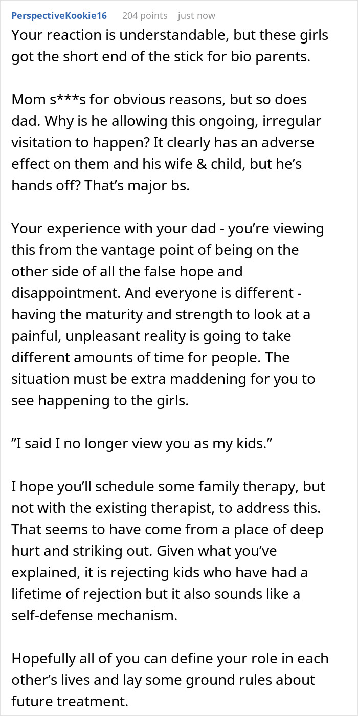 Text excerpt discussing hurt lady's struggles with stepkids turning cruel during bio mom visits and refusing to be called mom anymore.