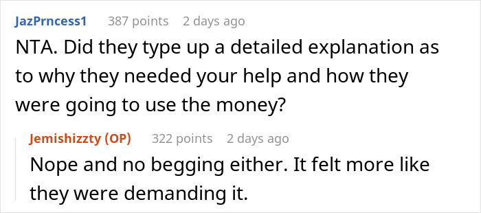 Screenshot of a Reddit conversation about parents spoiling daughter and asking neglected son for financial help.