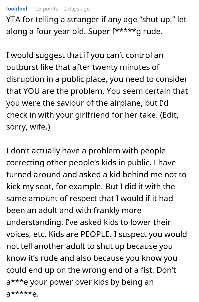 Reddit user discusses telling disruptive kid on a plane to be quiet, sparking conflict with the mom over trauma concerns.