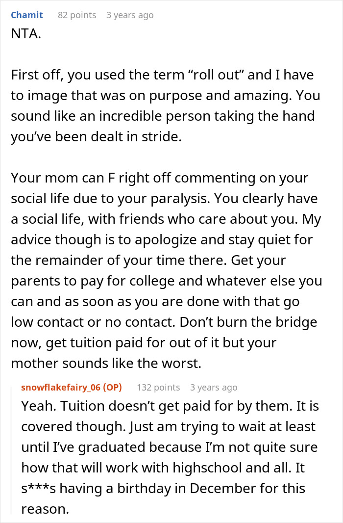 Screenshot of an online discussion about a paralyzed woman refusing to babysit and social life criticisms from her mom.