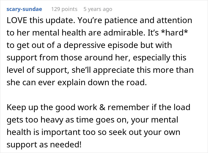 Reddit comment praising patience and support for mental health during a depressive episode, highlighting importance of empathy over laziness. Reddit comment praising patience and support for mental health during a depressive episode, highlighting importance of empathy over laziness.