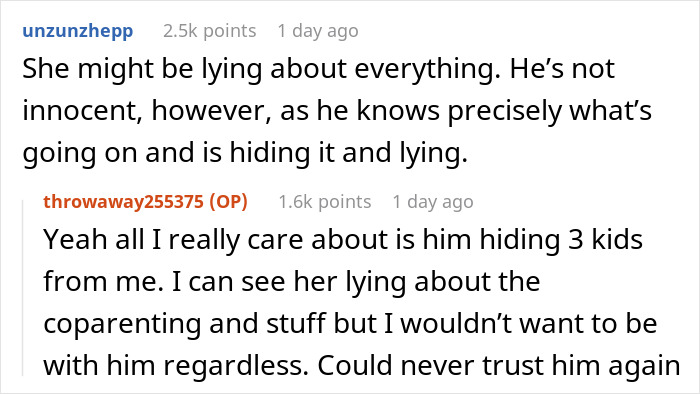 Screenshot of a discussion about a woman suspecting her fianc&eacute; is hiding a secret kid after finding kids' clothing.