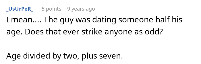 Commenter discussing age gap in relationships, reflecting on a woman bumping into her boyfriend&rsquo;s grown son online.